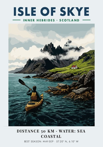 Poster of a kayaker paddling near the Isle of Skye with mountains and seals.