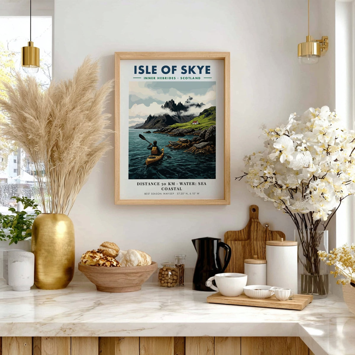 Poster of a kayaker paddling near the Isle of Skye with mountains and seals.