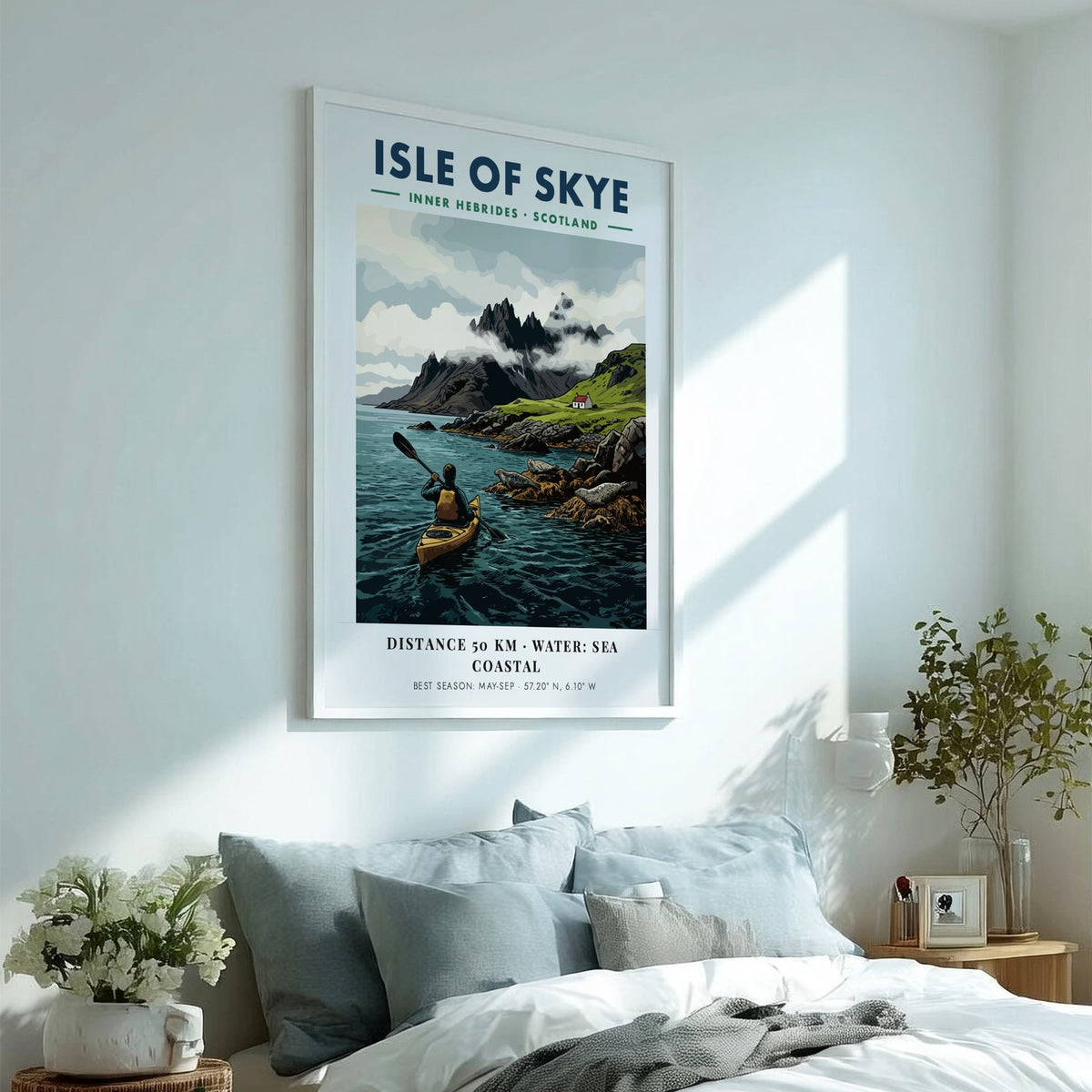 Poster of a kayaker paddling near the Isle of Skye with mountains and seals.