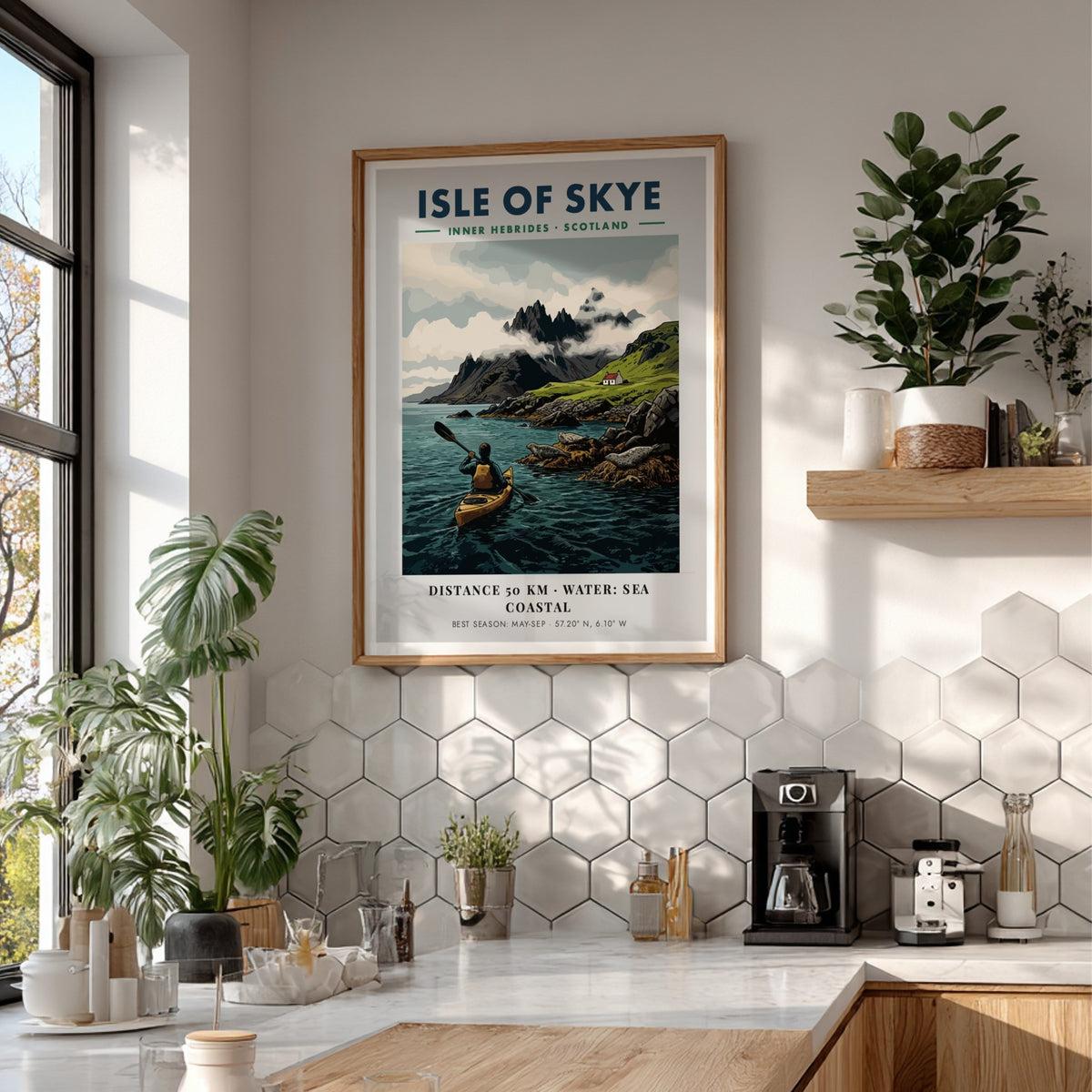 Poster of a kayaker paddling near the Isle of Skye with mountains and seals.