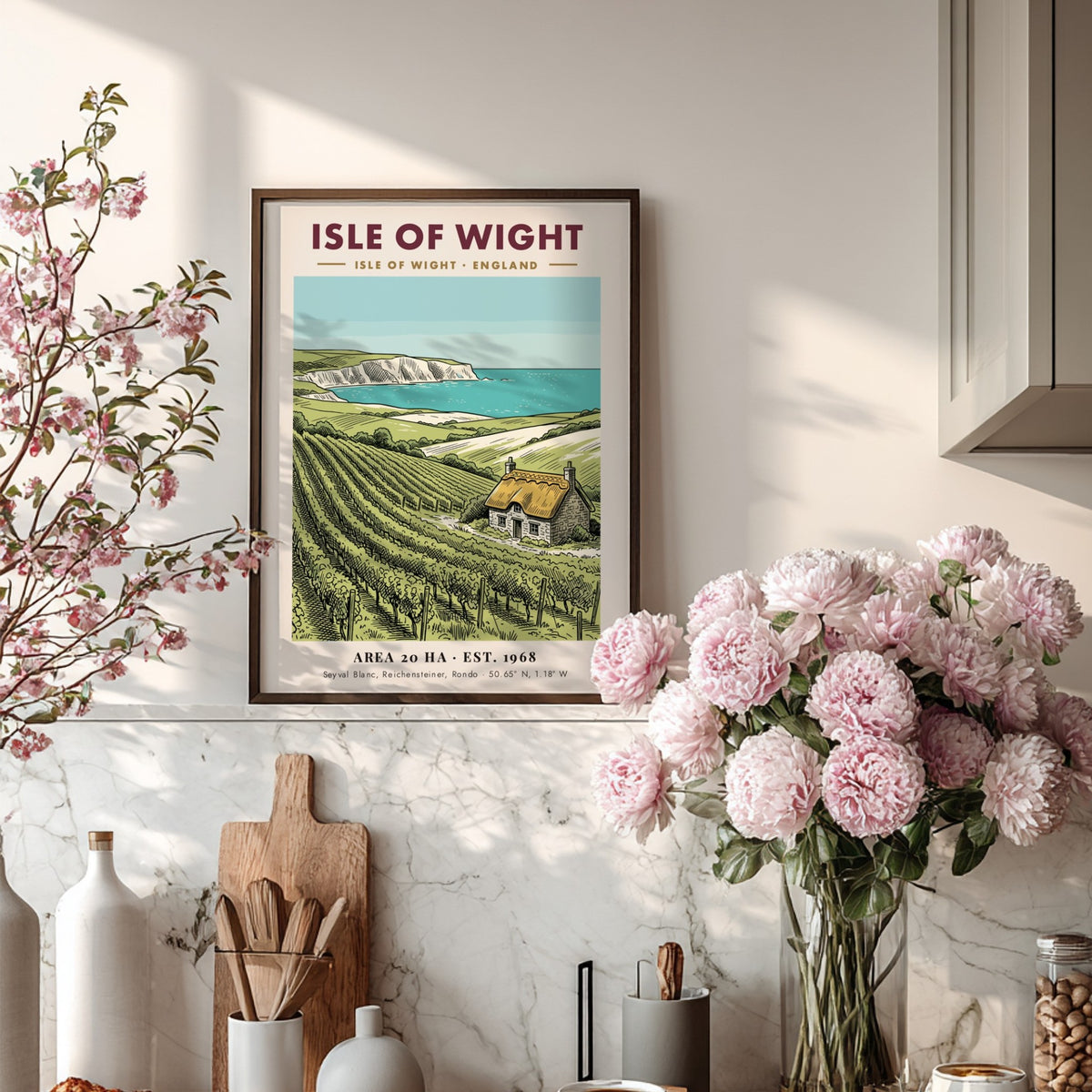 Isle of Wight vineyard poster featuring rolling hills, a stone cottage, and white cliffs.