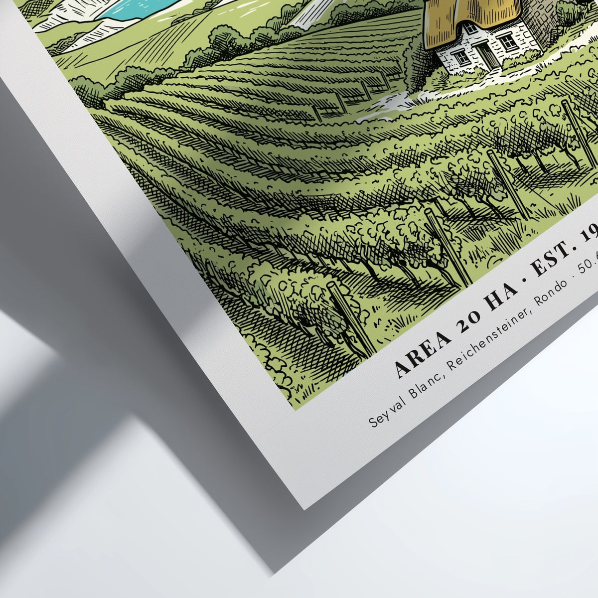 Isle of Wight vineyard poster featuring rolling hills, a stone cottage, and white cliffs.