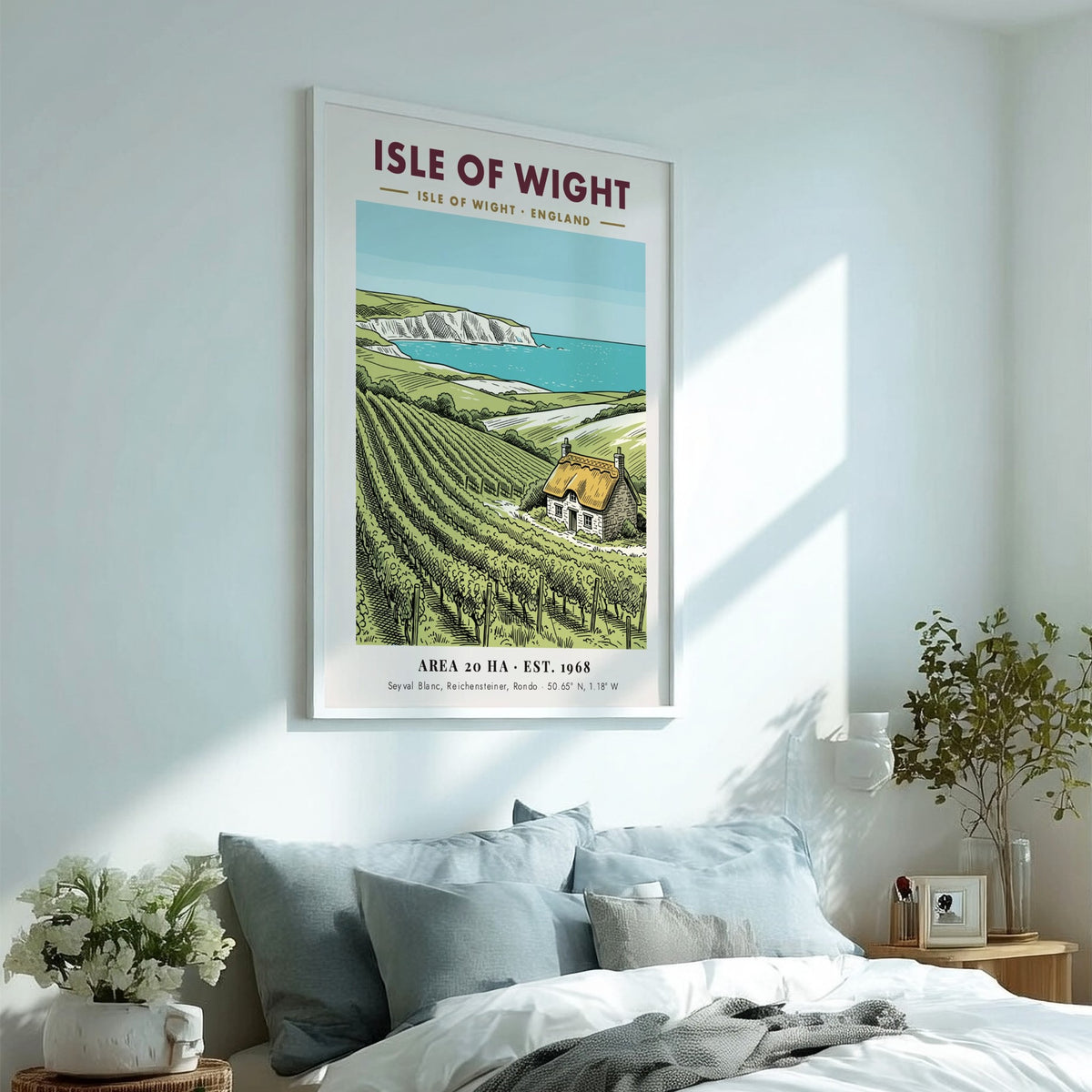 Isle of Wight vineyard poster featuring rolling hills, a stone cottage, and white cliffs.