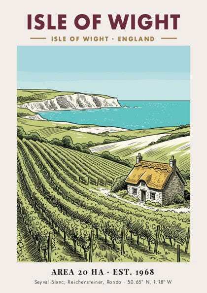 Isle of Wight vineyard poster featuring rolling hills, a stone cottage, and white cliffs.