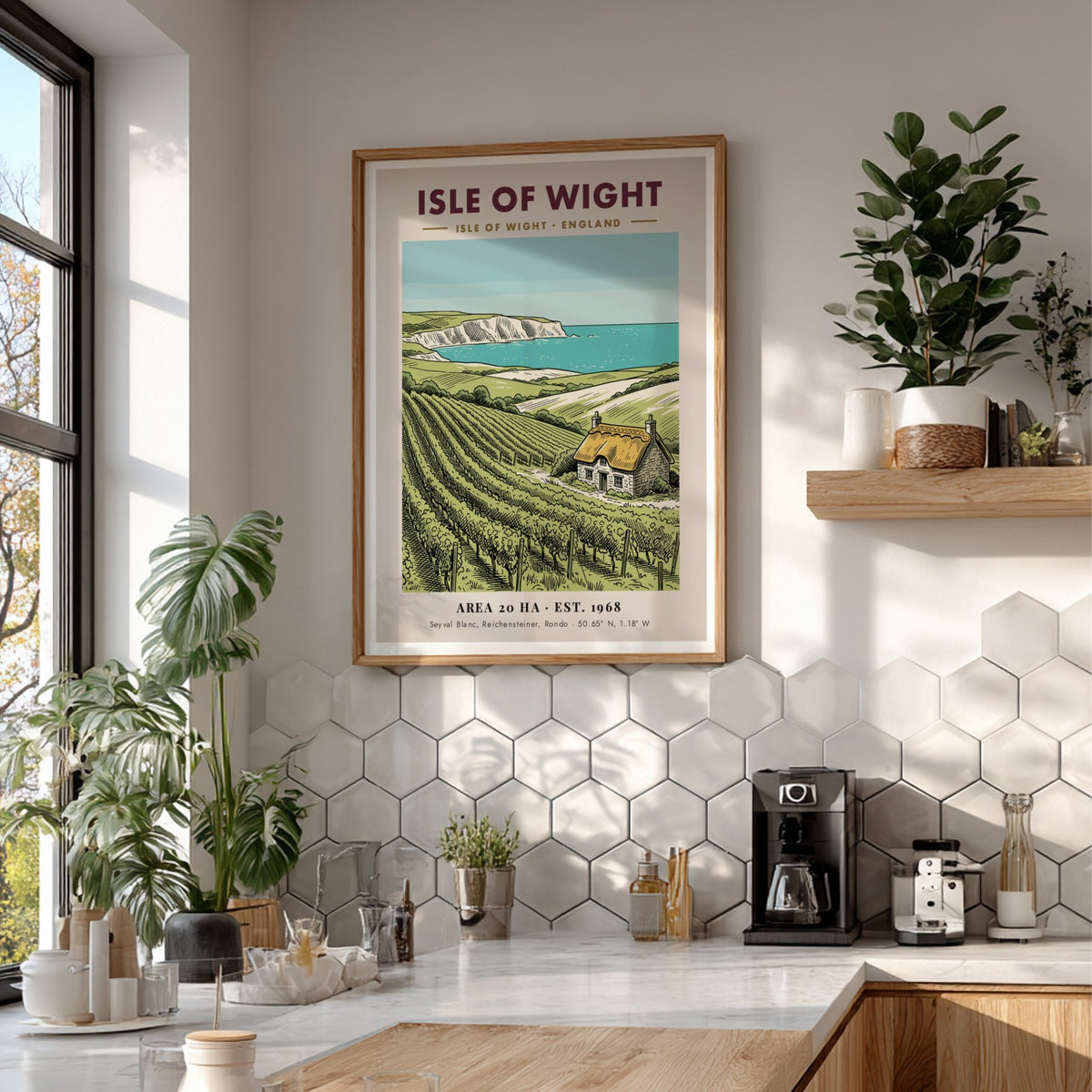 Isle of Wight vineyard poster featuring rolling hills, a stone cottage, and white cliffs.