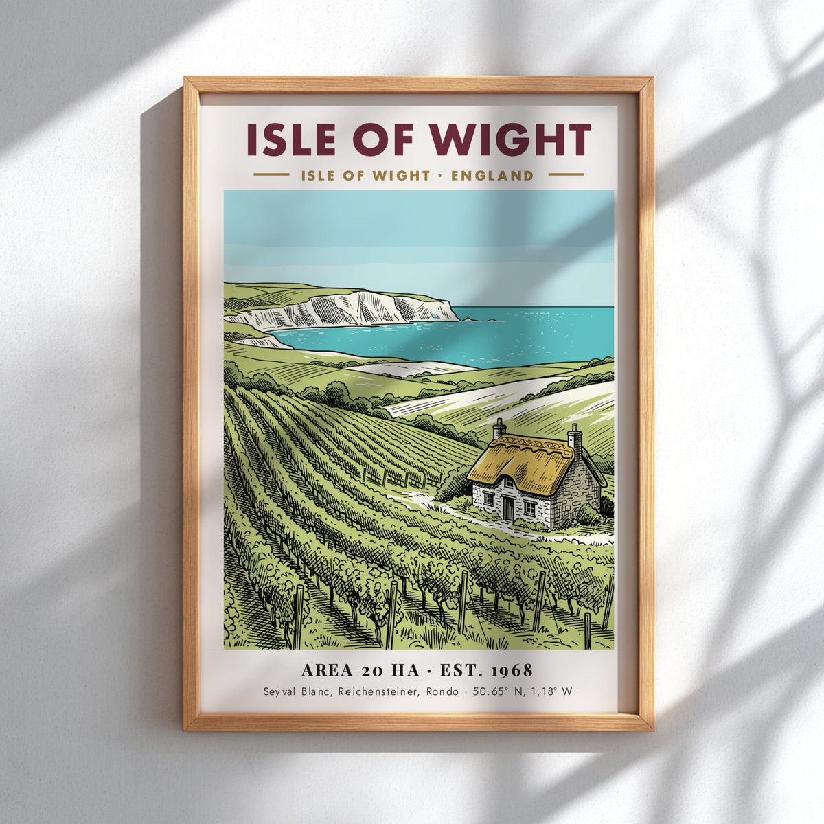 Isle of Wight vineyard poster featuring rolling hills, a stone cottage, and white cliffs.