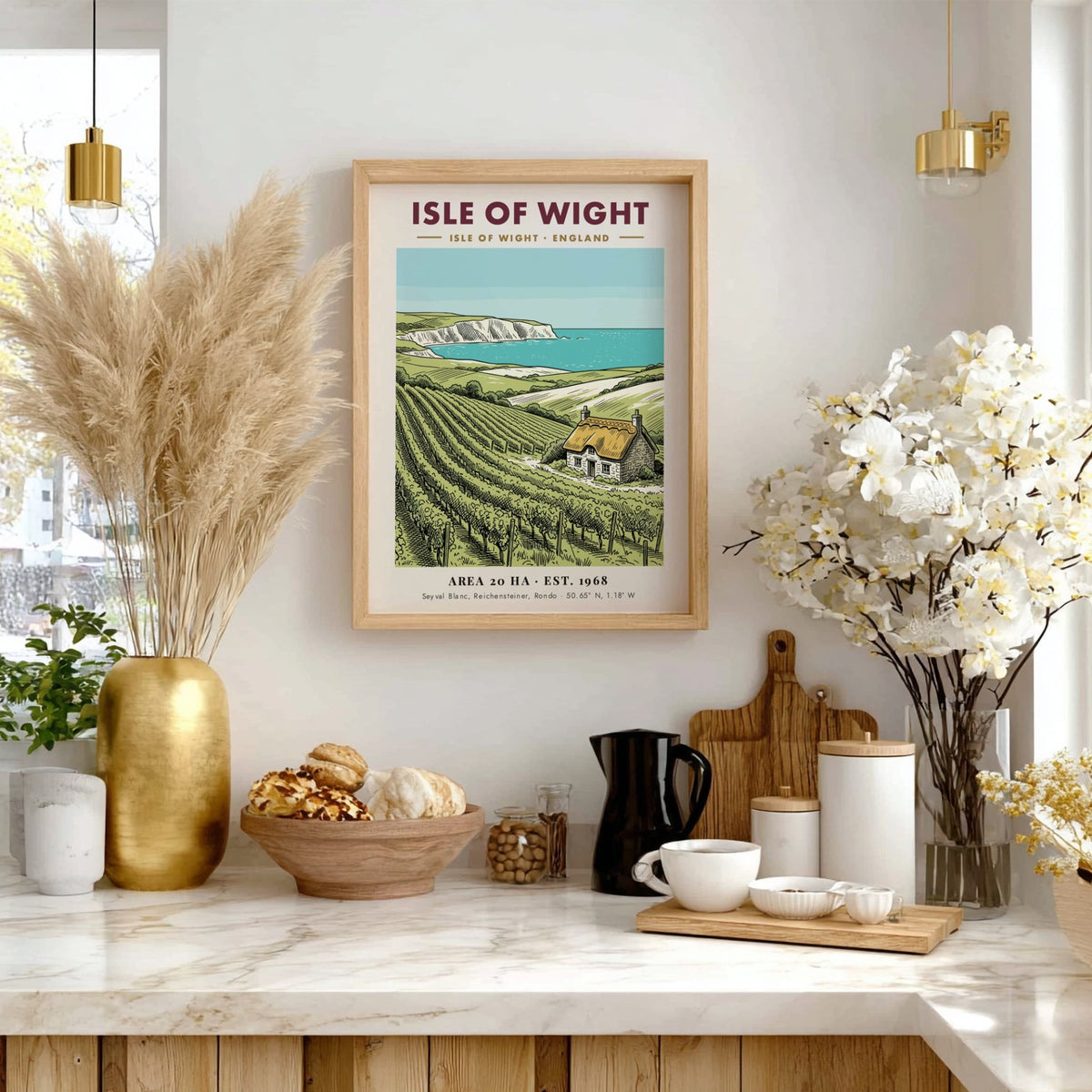 Isle of Wight vineyard poster featuring rolling hills, a stone cottage, and white cliffs.