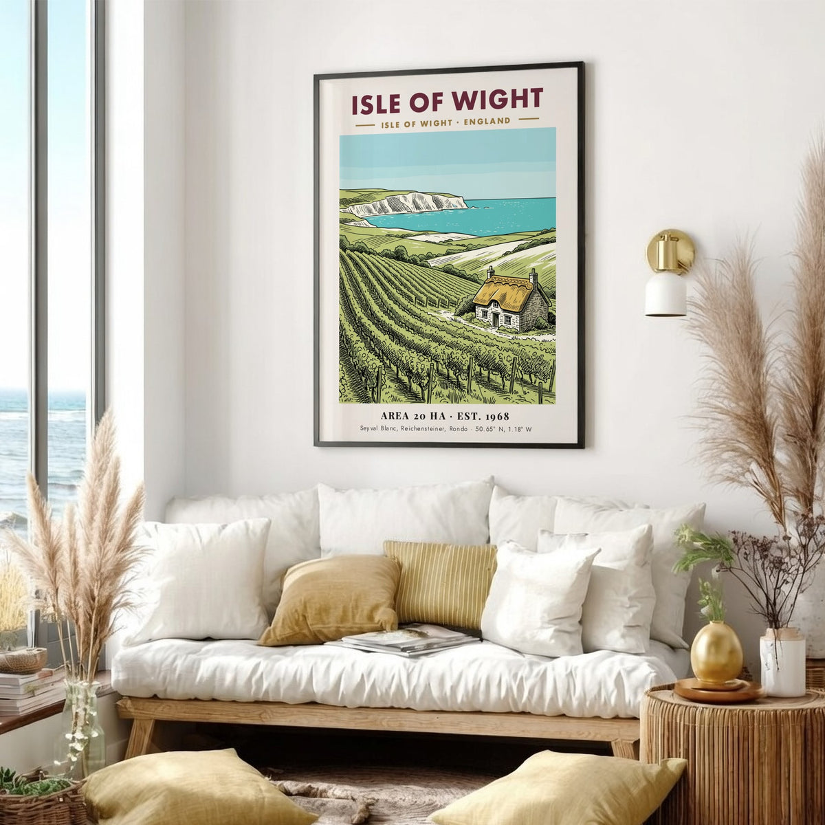 Isle of Wight vineyard poster featuring rolling hills, a stone cottage, and white cliffs.