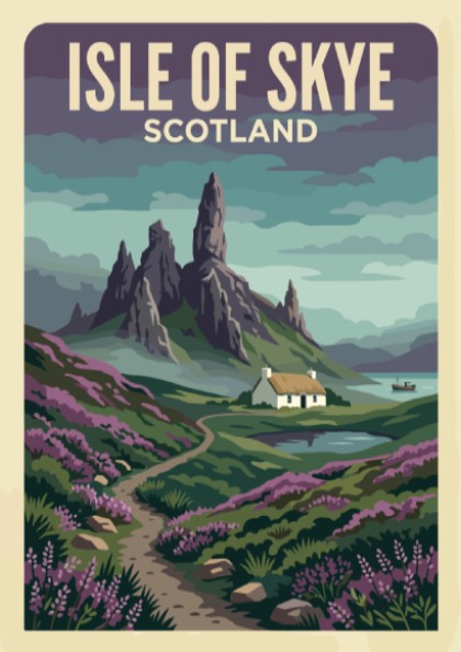Travel poster of the Isle of Skye featuring rugged mountains and a cottage