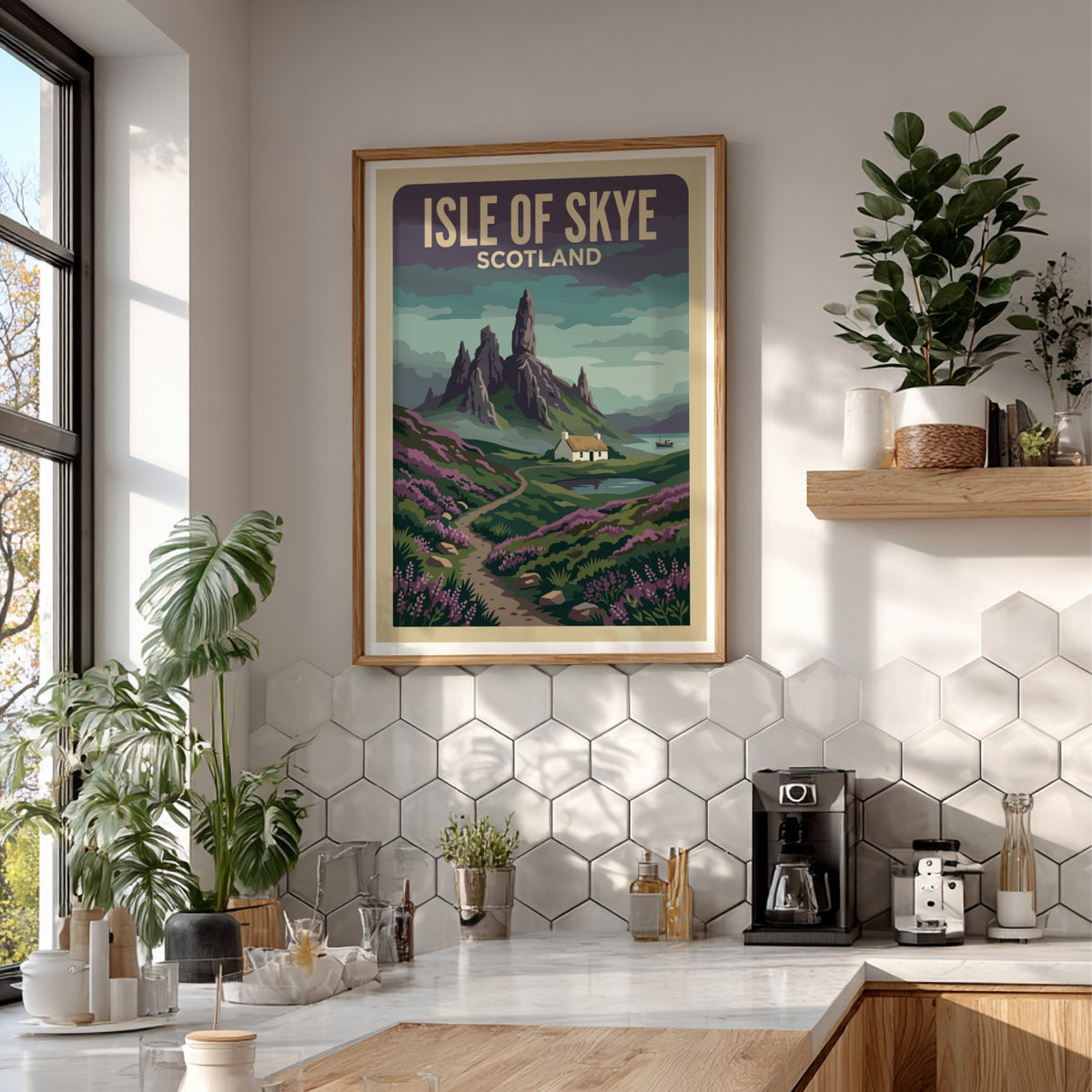 Travel poster of the Isle of Skye featuring rugged mountains and a cottage