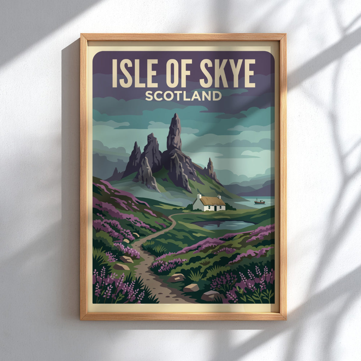 Travel poster of the Isle of Skye featuring rugged mountains and a cottage