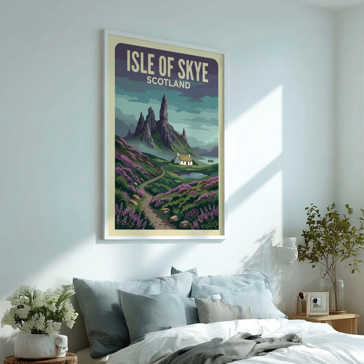 Travel poster of the Isle of Skye featuring rugged mountains and a cottage