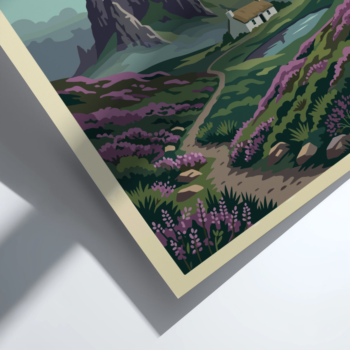 Travel poster of the Isle of Skye featuring rugged mountains and a cottage