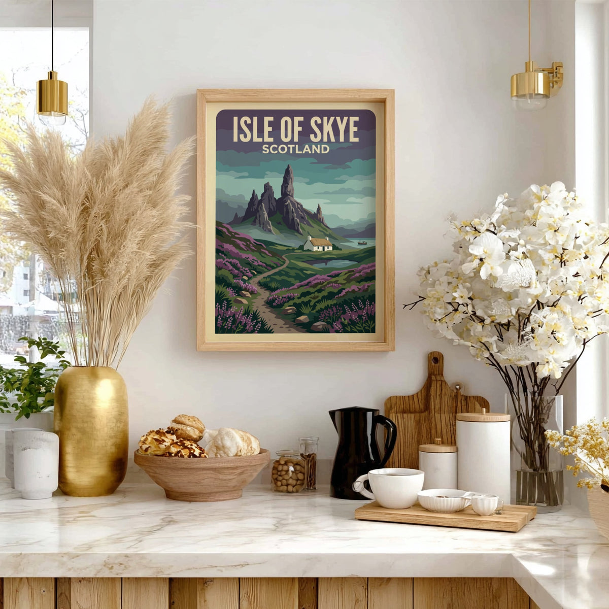 Travel poster of the Isle of Skye featuring rugged mountains and a cottage
