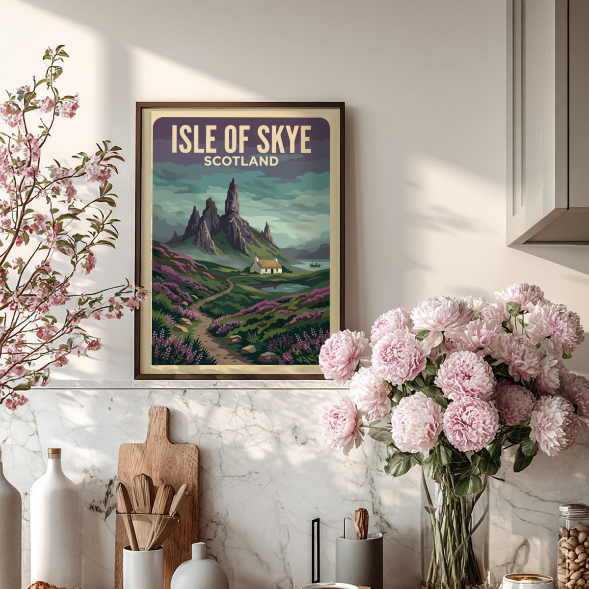 Travel poster of the Isle of Skye featuring rugged mountains and a cottage
