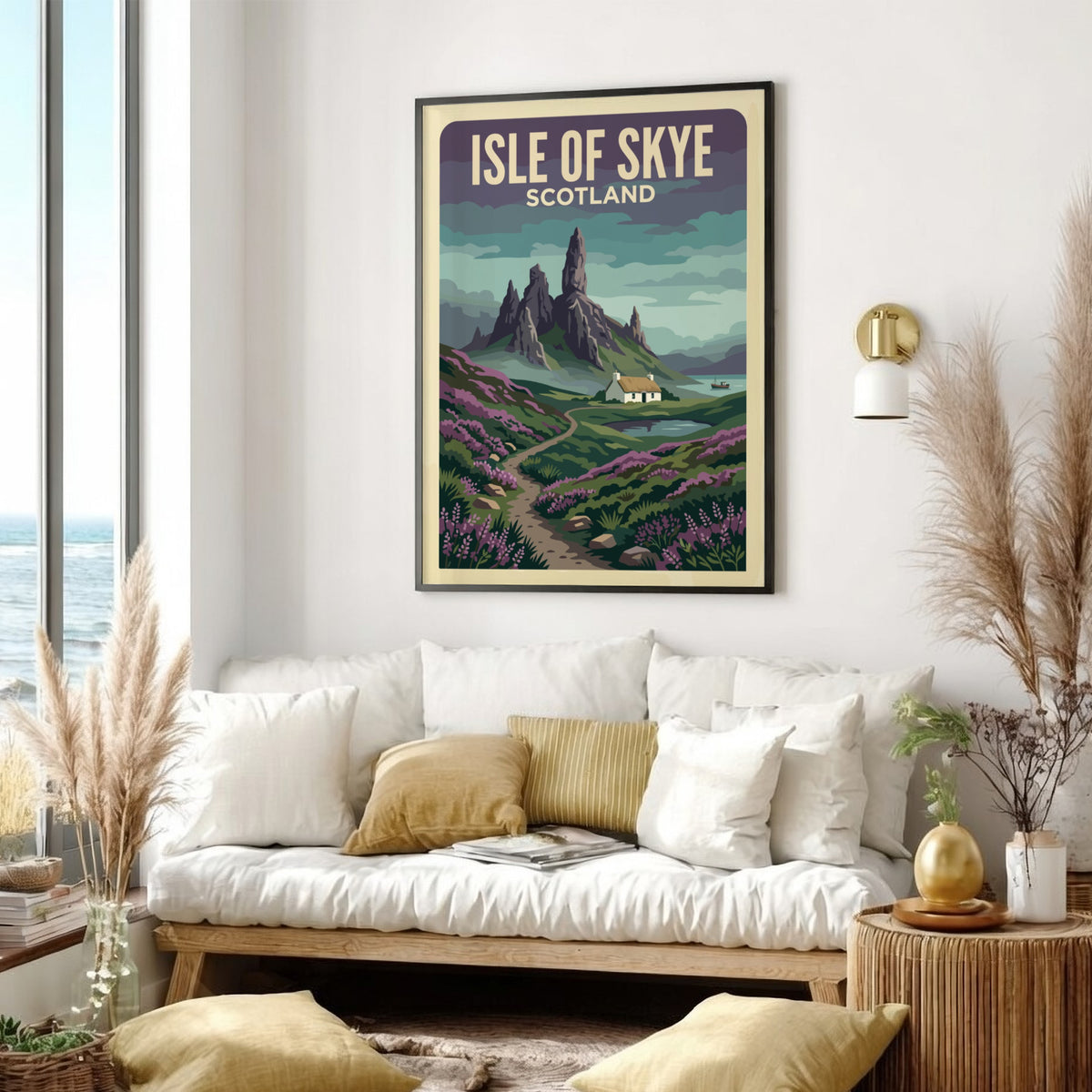 Travel poster of the Isle of Skye featuring rugged mountains and a cottage