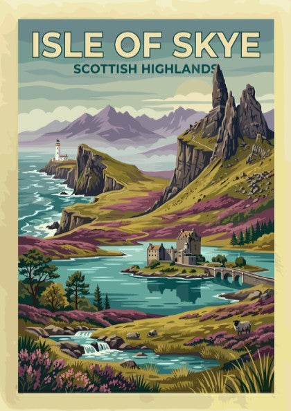 Travel poster of Isle of Skye Scottish Highlands with cliffs, lighthouse, and castle.