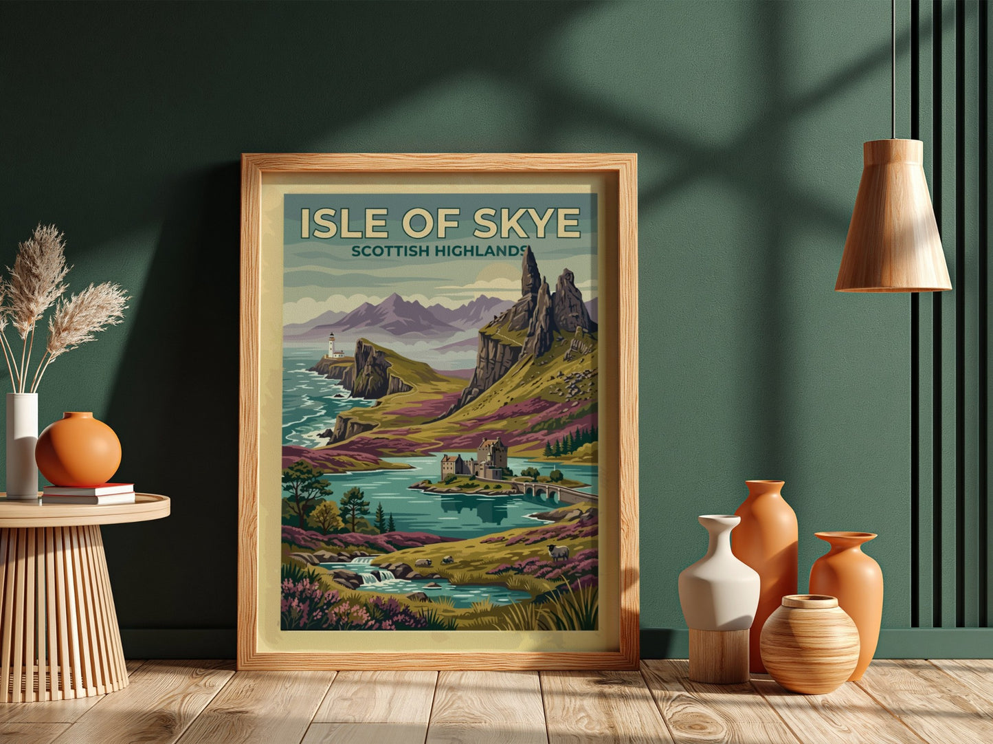 Travel poster of Isle of Skye Scottish Highlands with cliffs, lighthouse, and castle.