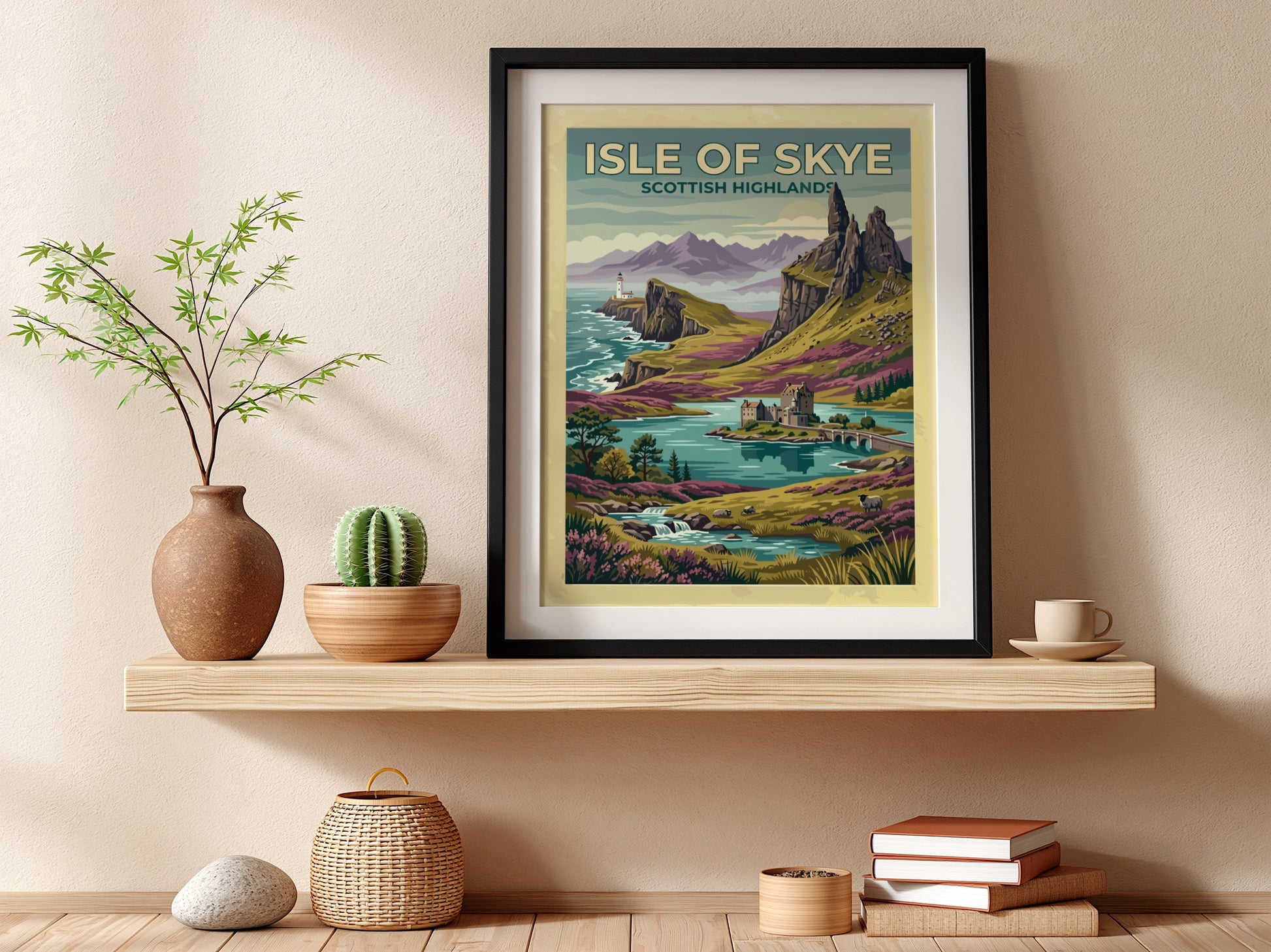 Travel poster of Isle of Skye Scottish Highlands with cliffs, lighthouse, and castle.