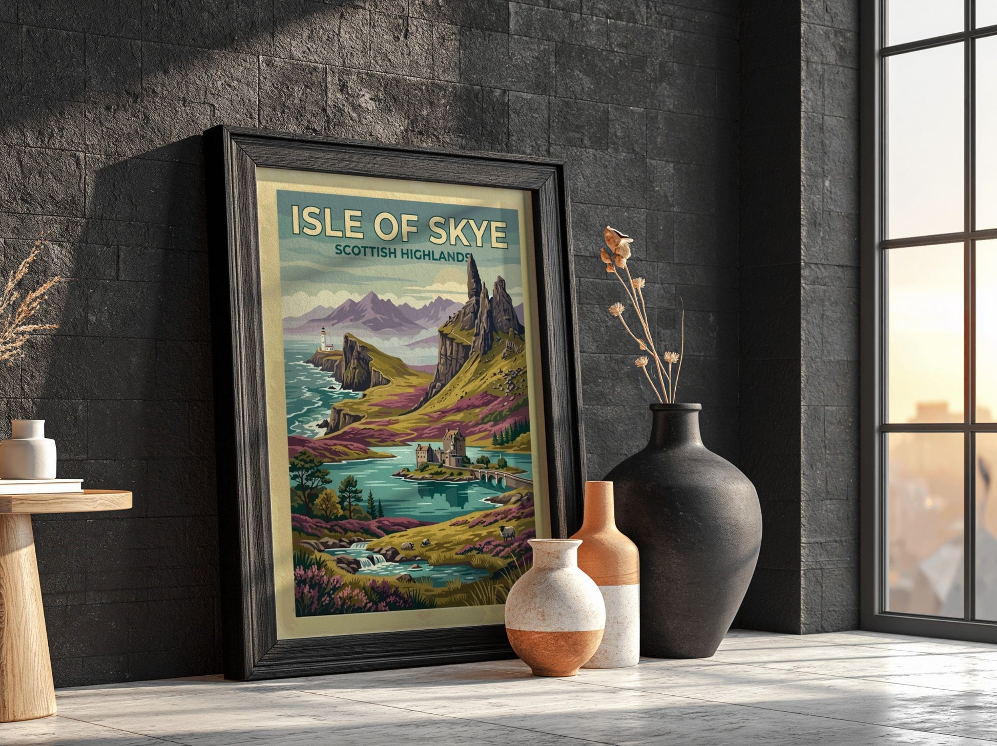 Travel poster of Isle of Skye Scottish Highlands with cliffs, lighthouse, and castle.