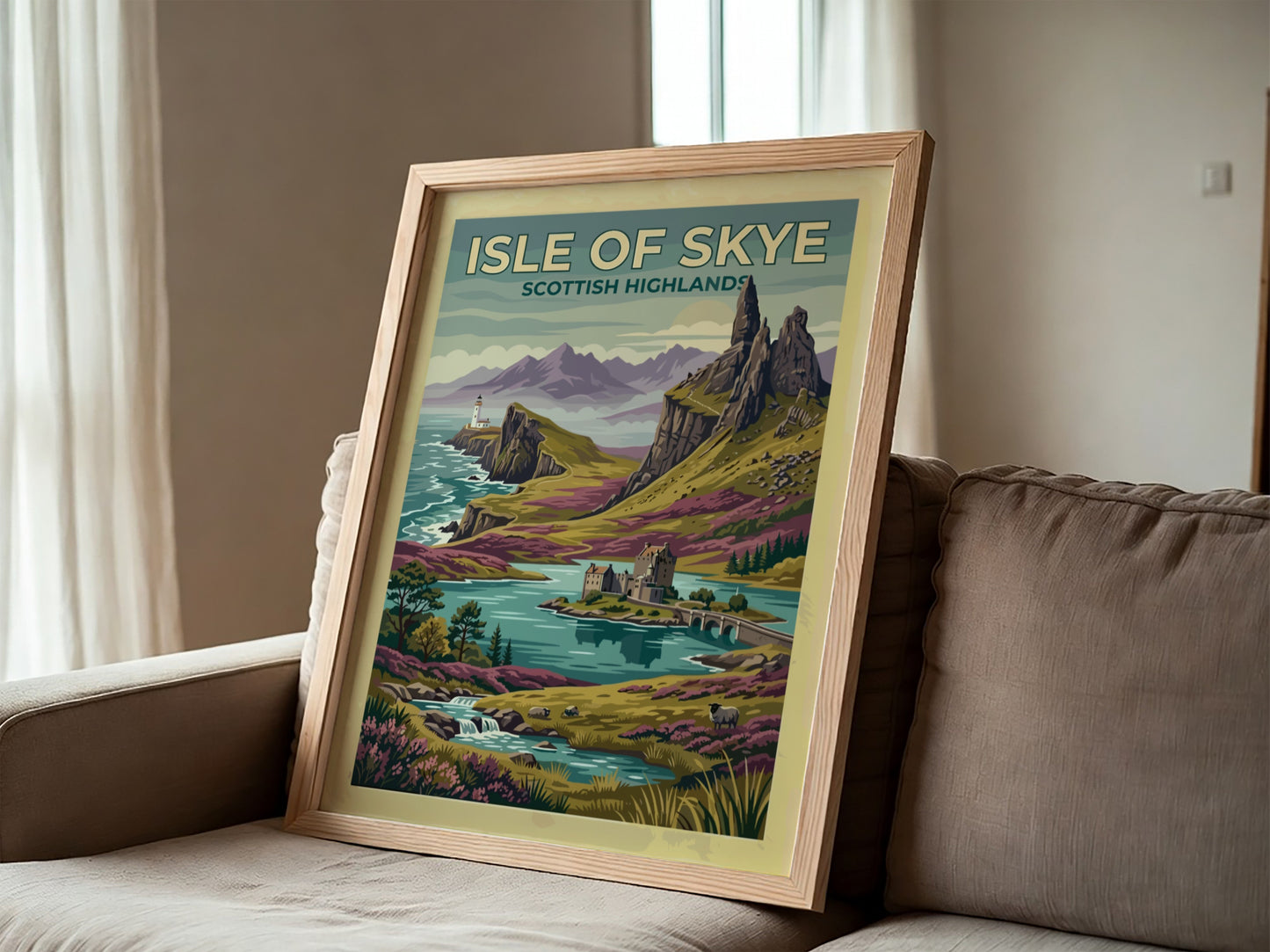 Travel poster of Isle of Skye Scottish Highlands with cliffs, lighthouse, and castle.