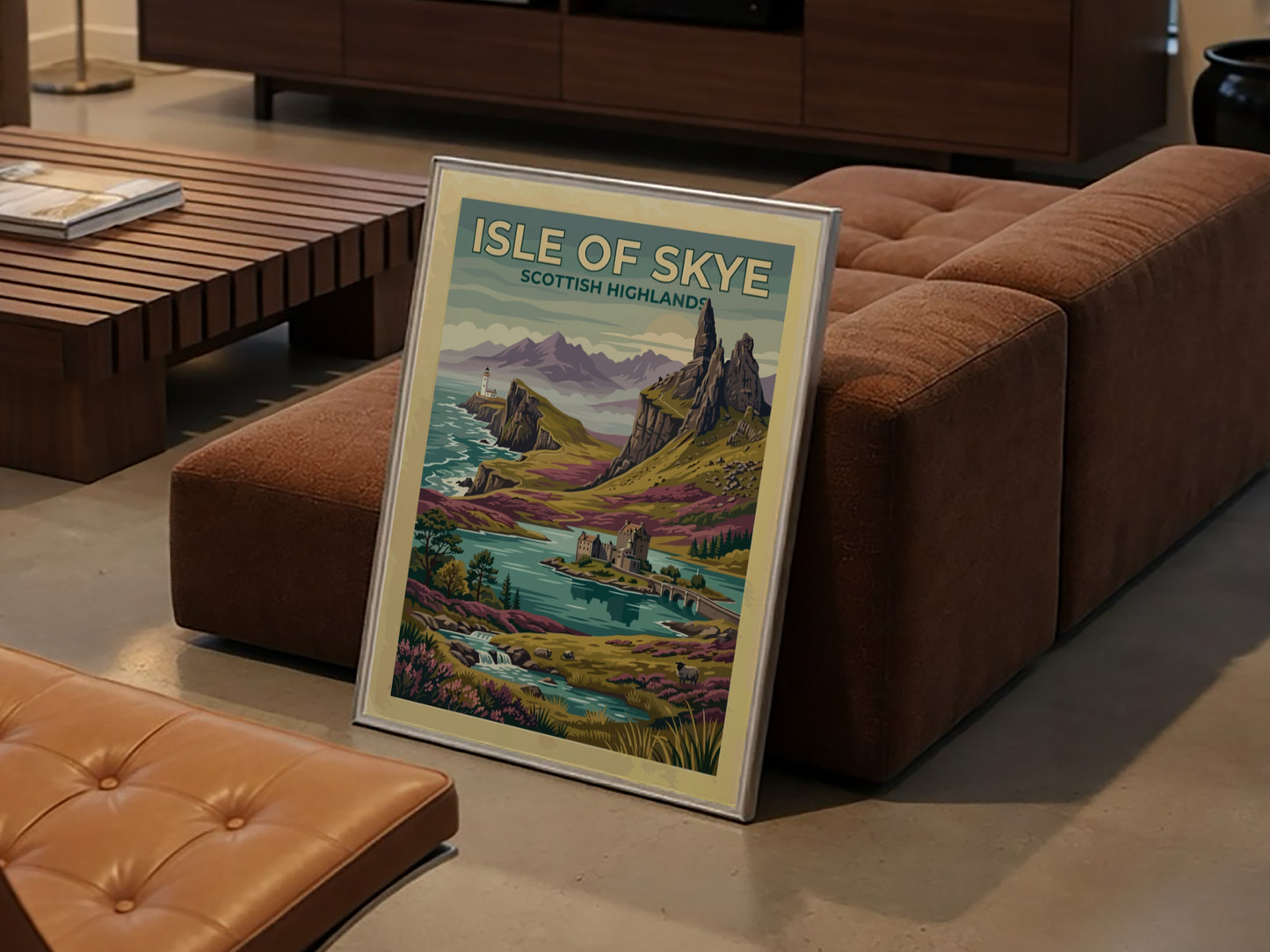 Travel poster of Isle of Skye Scottish Highlands with cliffs, lighthouse, and castle.