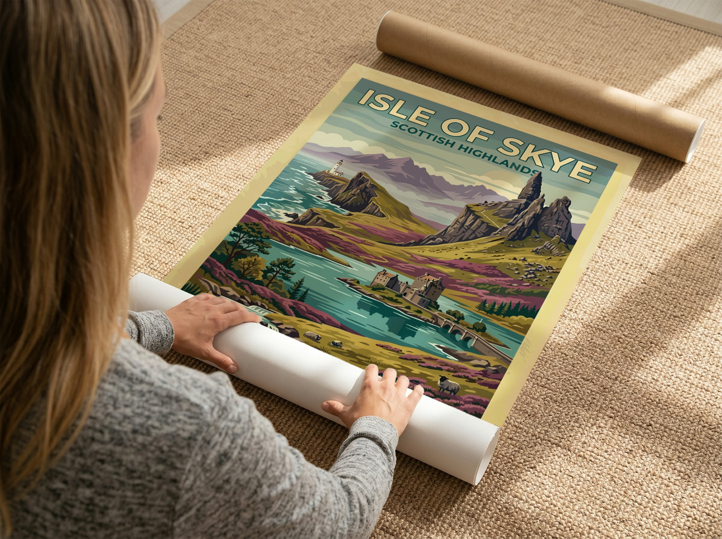 Travel poster of Isle of Skye Scottish Highlands with cliffs, lighthouse, and castle.