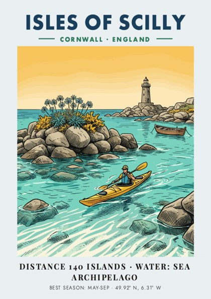 Poster featuring a yellow kayak in turquoise waters near the Isles of Scilly