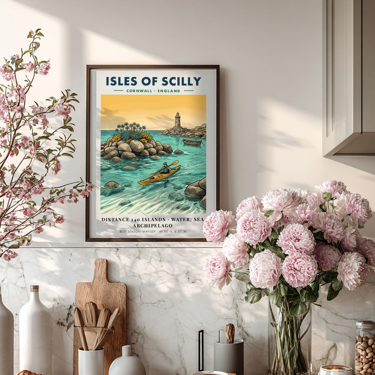 Poster featuring a yellow kayak in turquoise waters near the Isles of Scilly