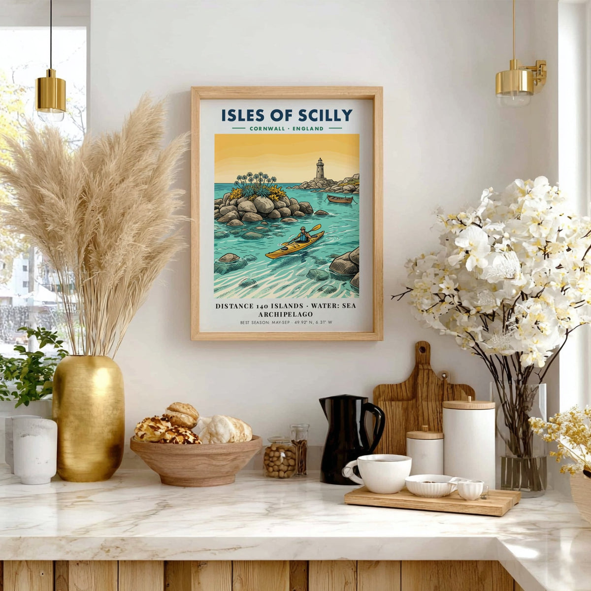 Poster featuring a yellow kayak in turquoise waters near the Isles of Scilly