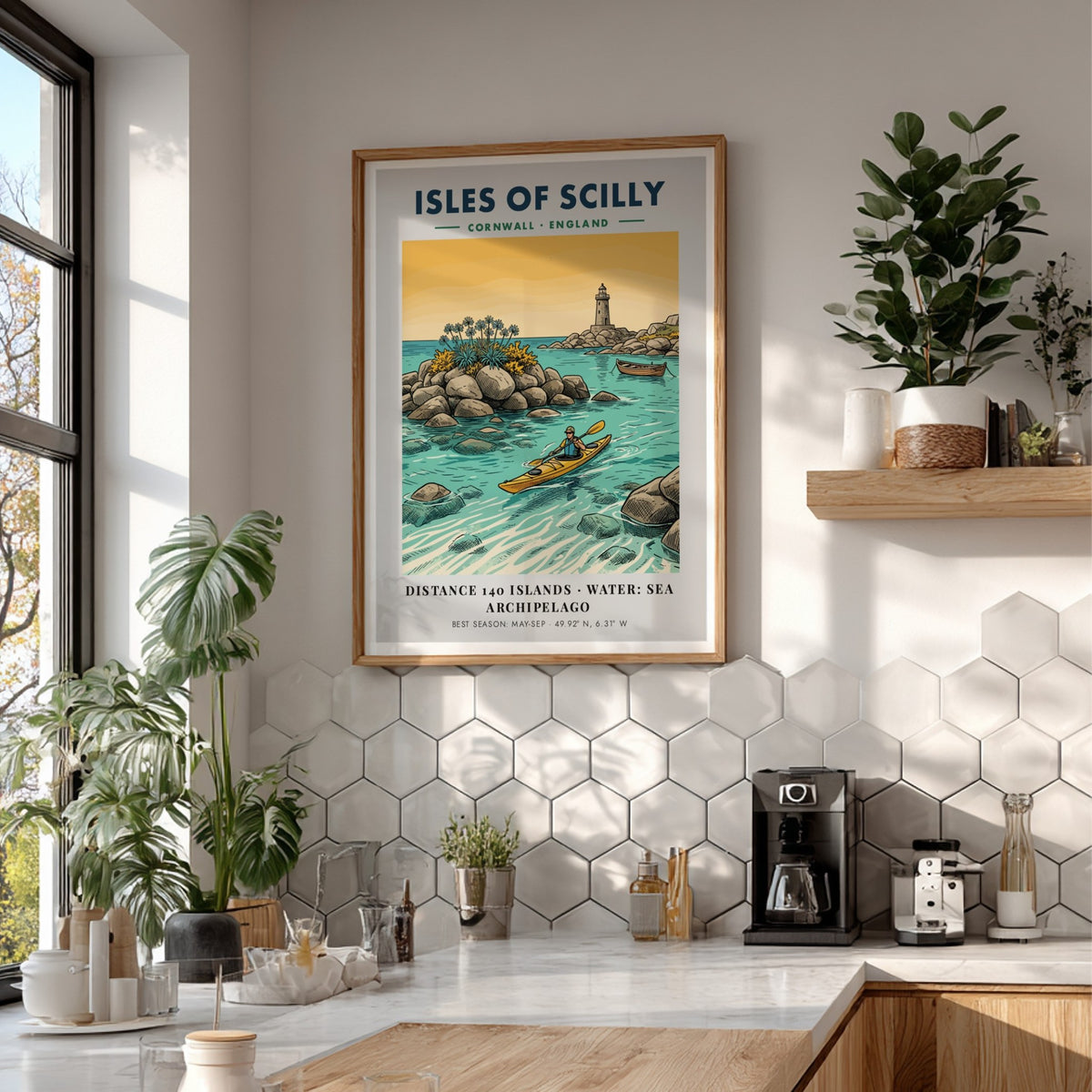 Poster featuring a yellow kayak in turquoise waters near the Isles of Scilly