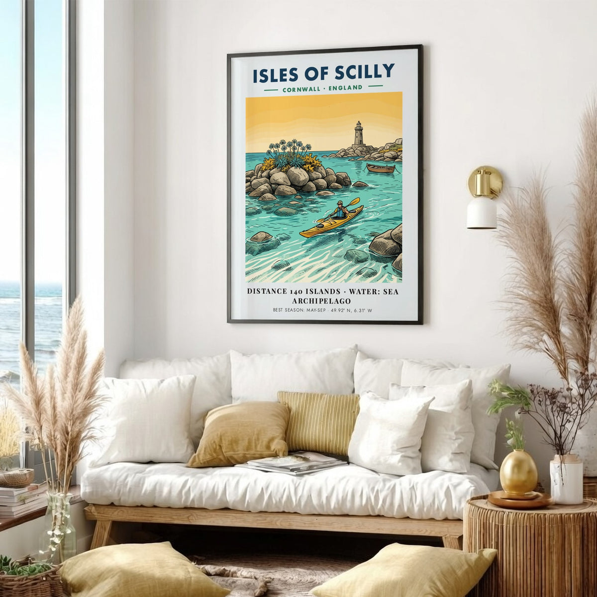 Poster featuring a yellow kayak in turquoise waters near the Isles of Scilly