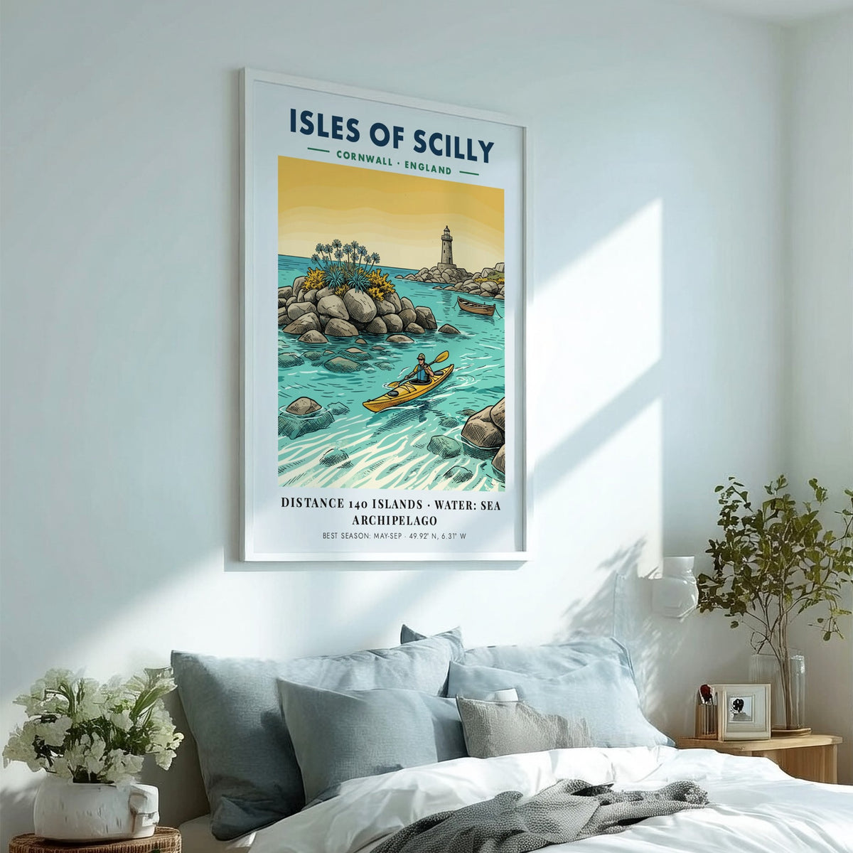 Poster featuring a yellow kayak in turquoise waters near the Isles of Scilly