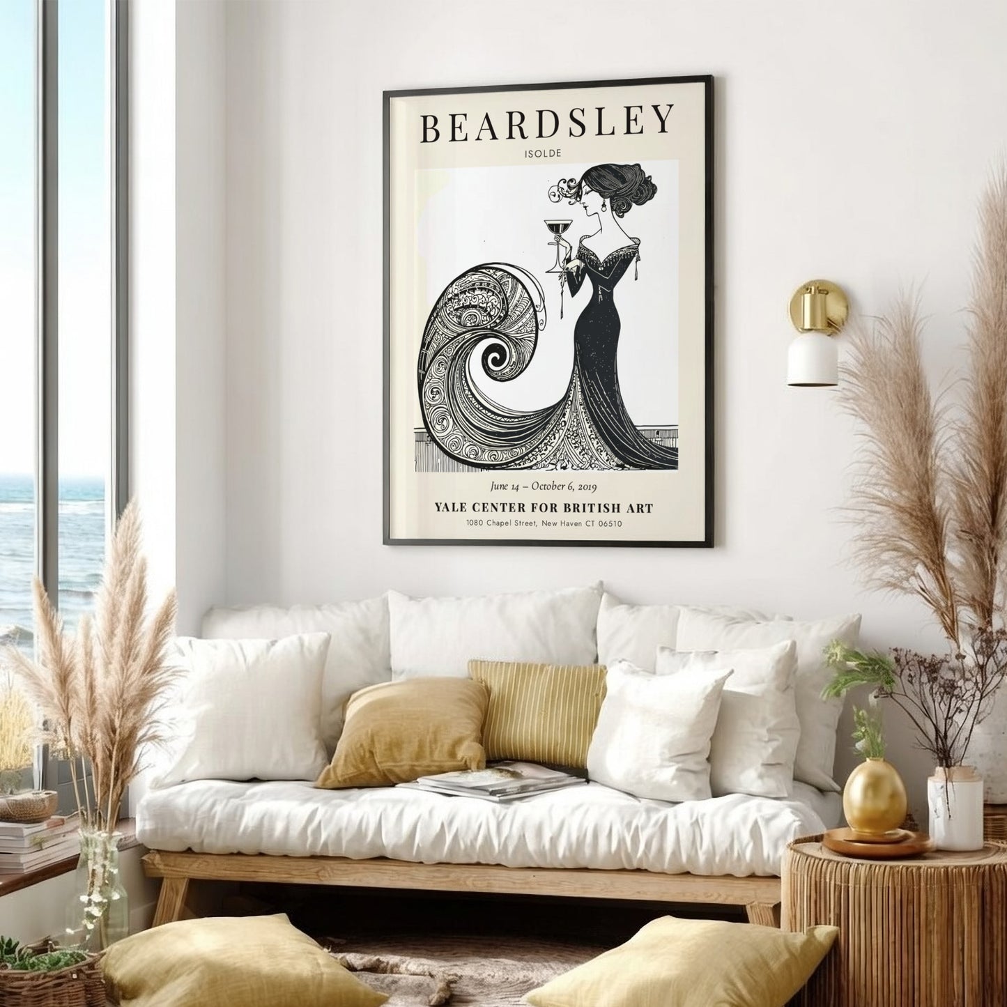 Aubrey Beardsley poster featuring Isolde in elegant black and white design with flowing lines and intricate