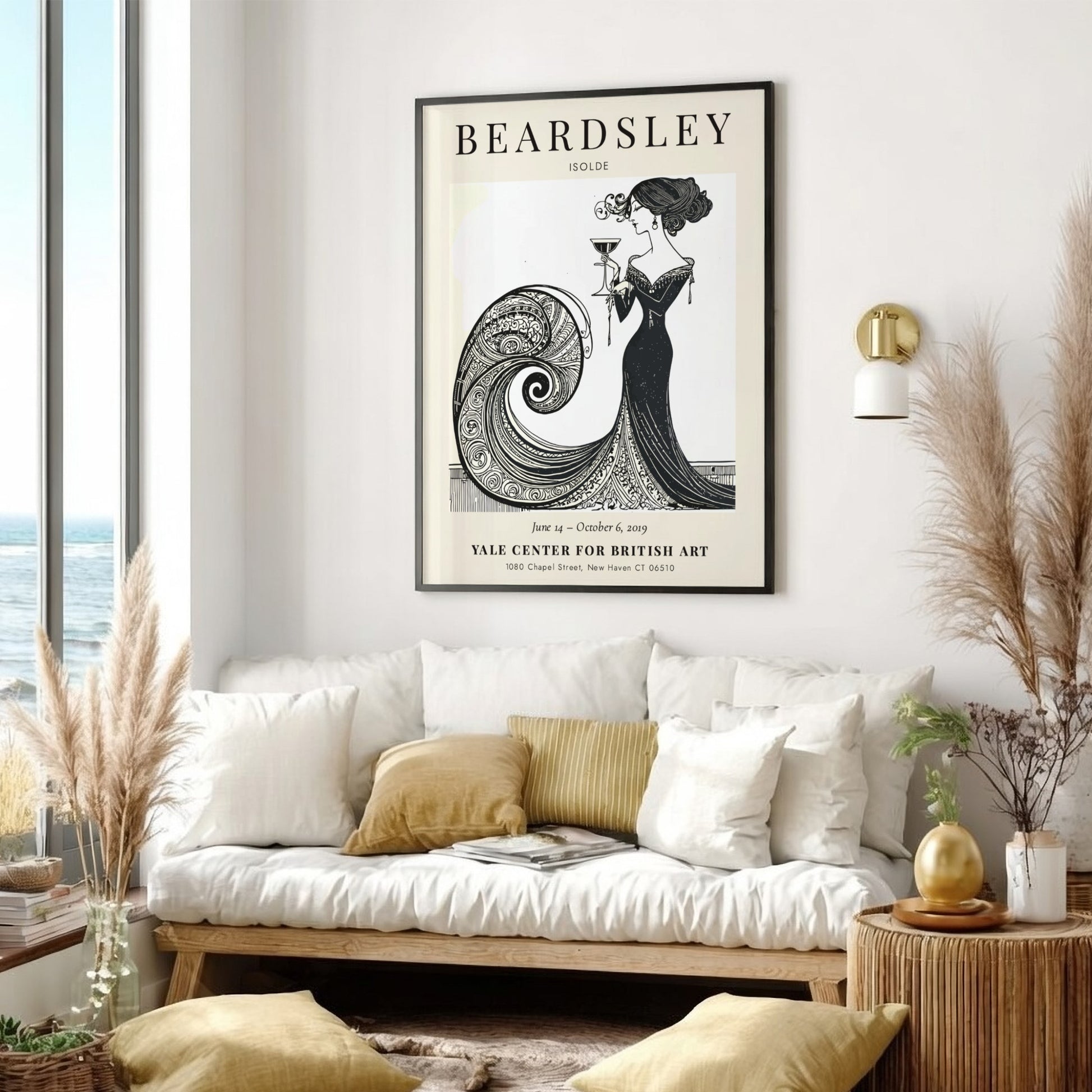Aubrey Beardsley poster featuring Isolde in elegant black and white design with flowing lines and intricate