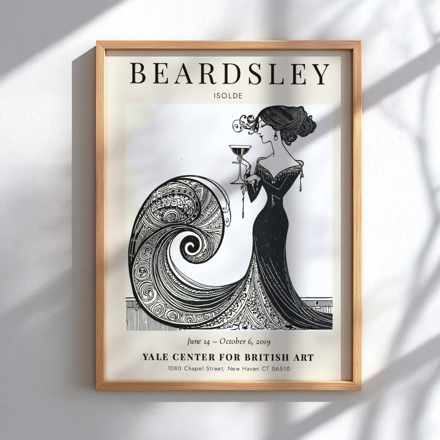 Aubrey Beardsley poster featuring Isolde in elegant black and white design with flowing lines and intricate