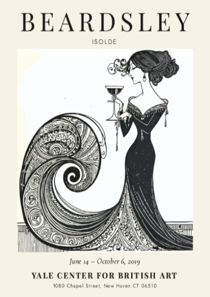 Aubrey Beardsley poster featuring Isolde in elegant black and white design with flowing lines and intricate