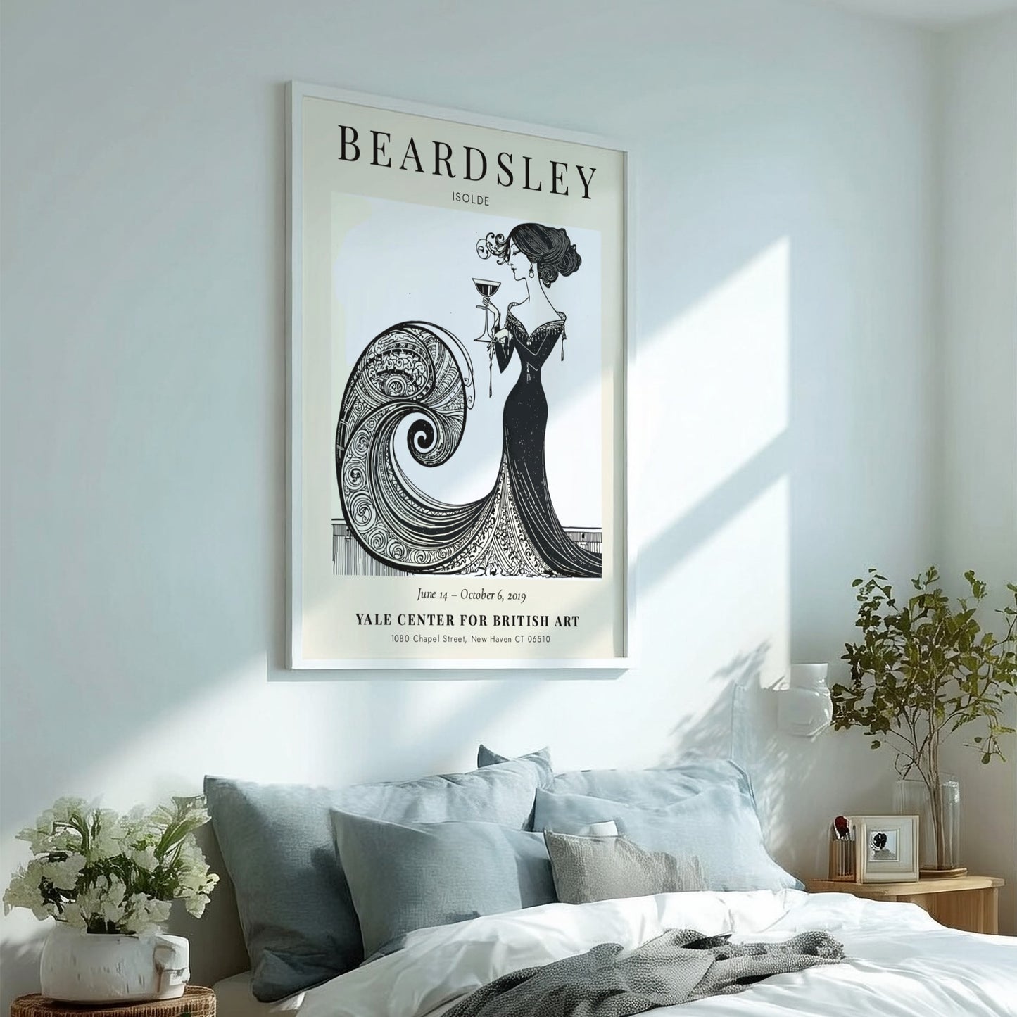 Aubrey Beardsley poster featuring Isolde in elegant black and white design with flowing lines and intricate