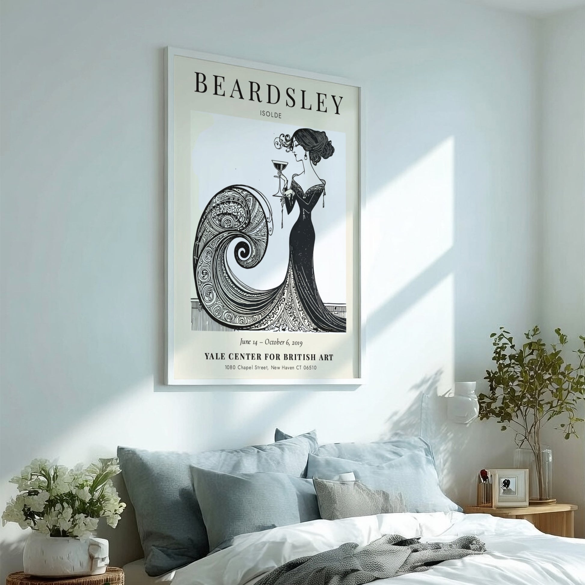 Aubrey Beardsley poster featuring Isolde in elegant black and white design with flowing lines and intricate