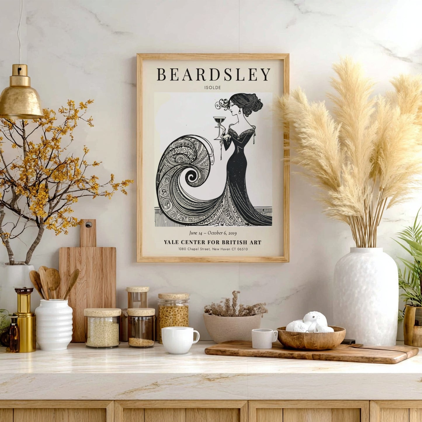 Aubrey Beardsley poster featuring Isolde in elegant black and white design with flowing lines and intricate