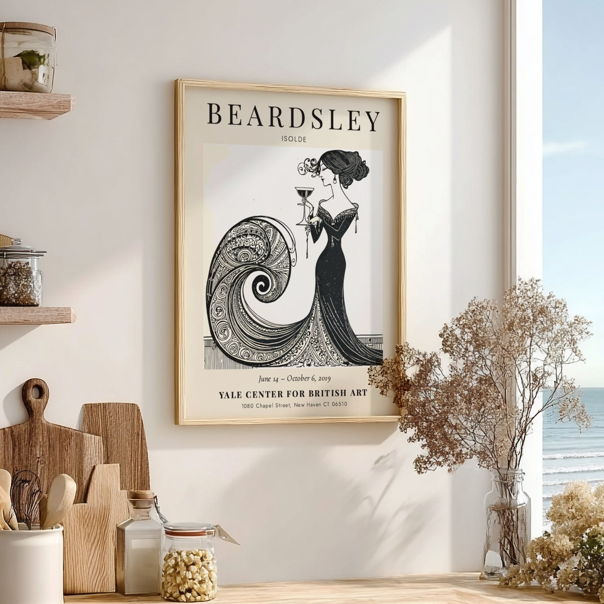 Aubrey Beardsley poster featuring Isolde in elegant black and white design with flowing lines and intricate