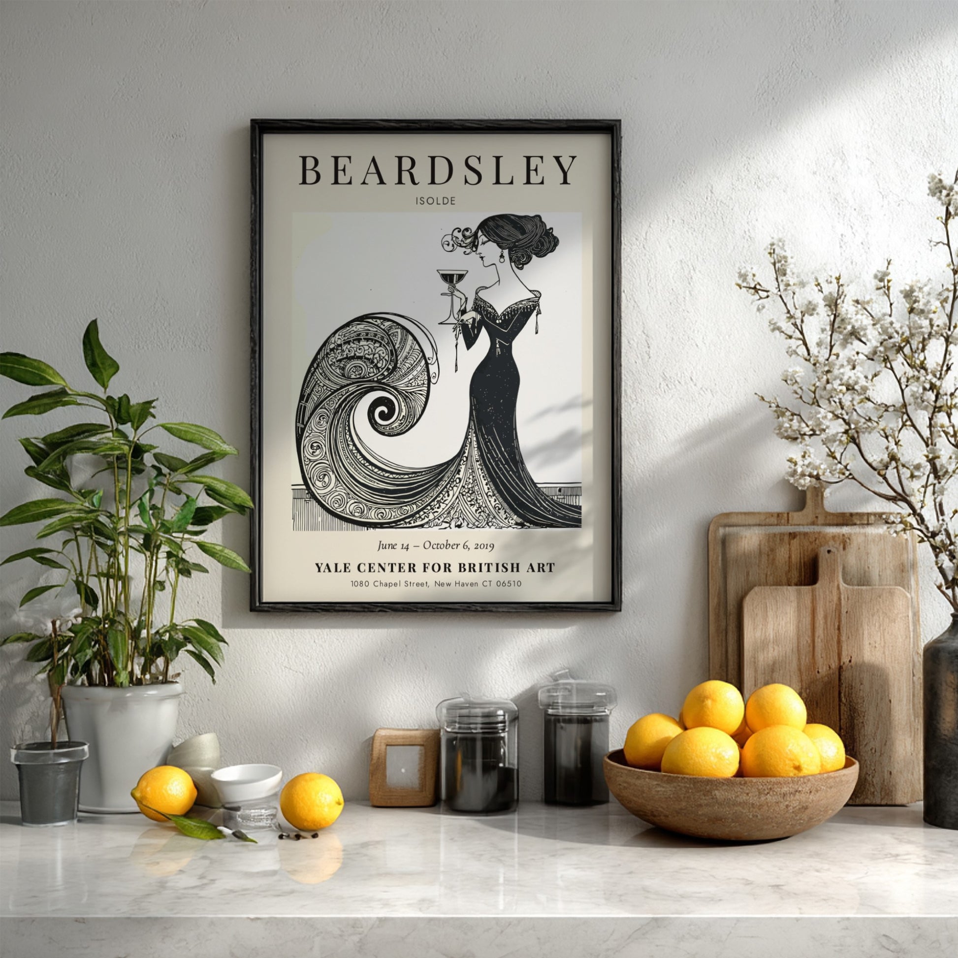 Aubrey Beardsley poster featuring Isolde in elegant black and white design with flowing lines and intricate