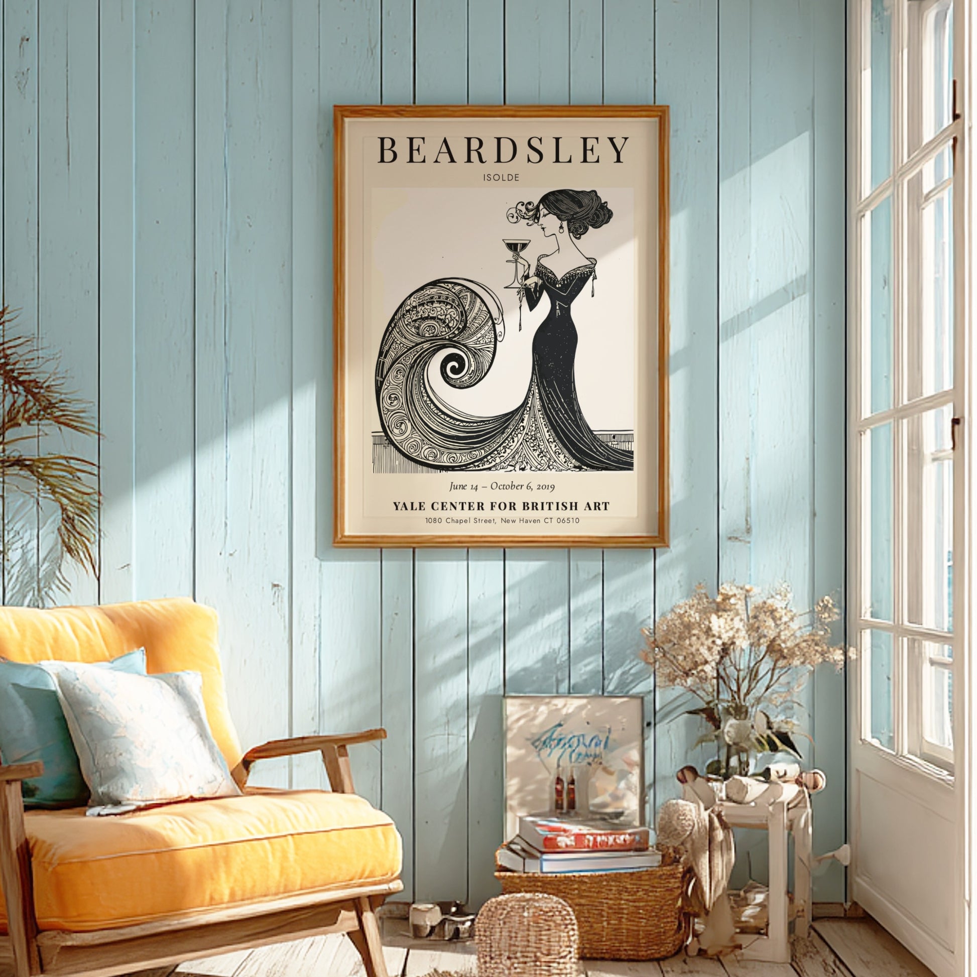 Aubrey Beardsley poster featuring Isolde in elegant black and white design with flowing lines and intricate