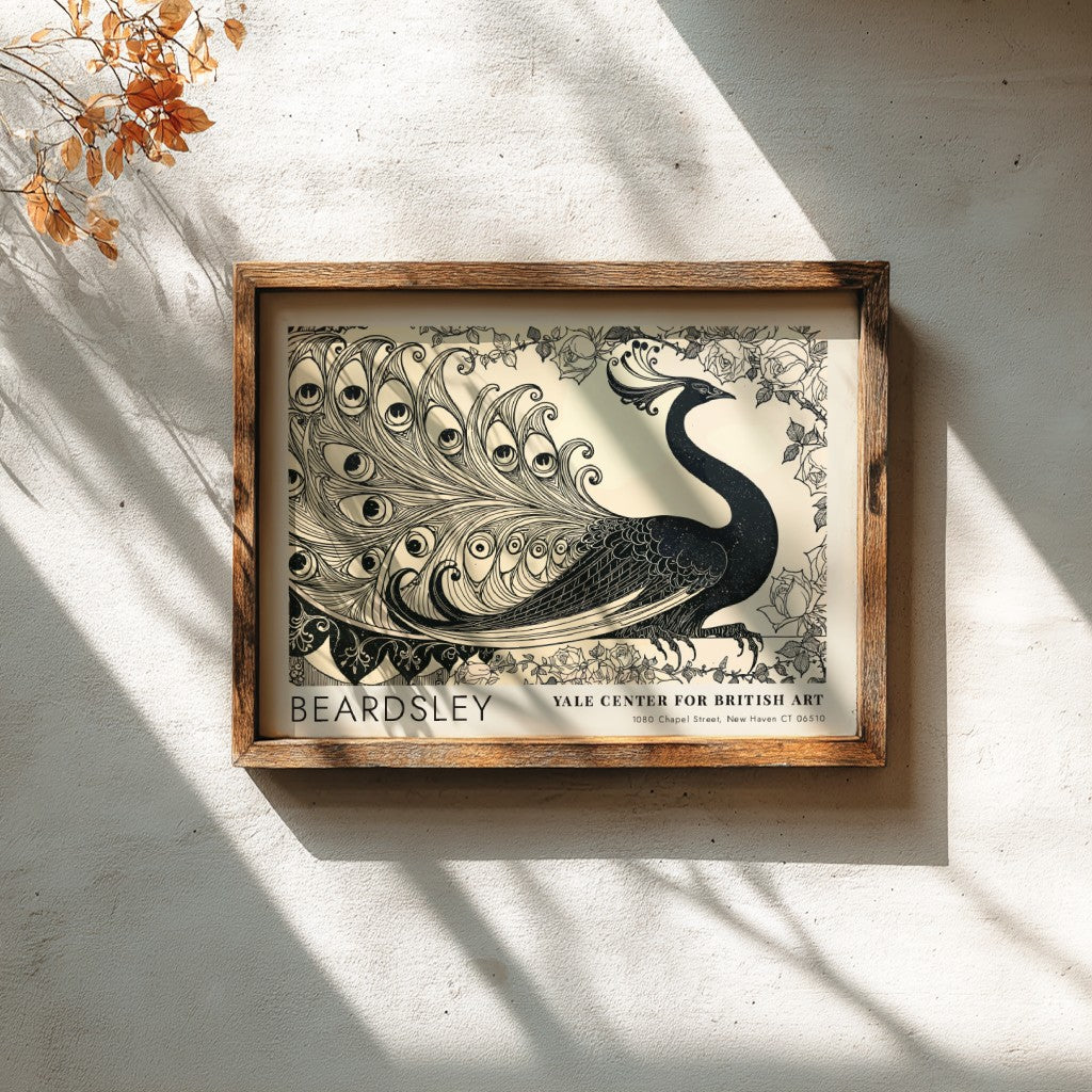 Wall art poster featuring Aubrey Beardsley's Isolde peacock design in black ink on cream.