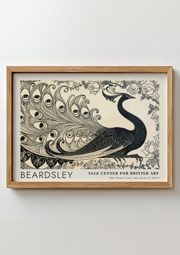 Wall art poster featuring Aubrey Beardsley's Isolde peacock design in black ink on cream.