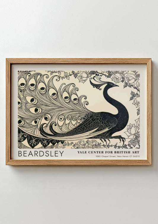 Wall art poster featuring Aubrey Beardsley's Isolde peacock design in black ink on cream.