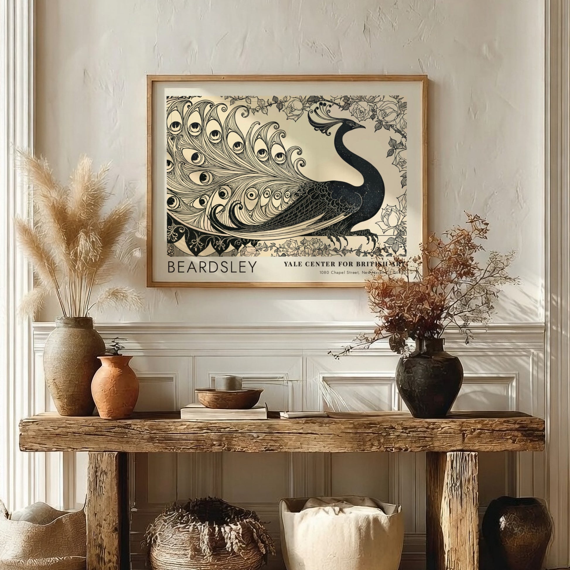 Wall art poster featuring Aubrey Beardsley's Isolde peacock design in black ink on cream.
