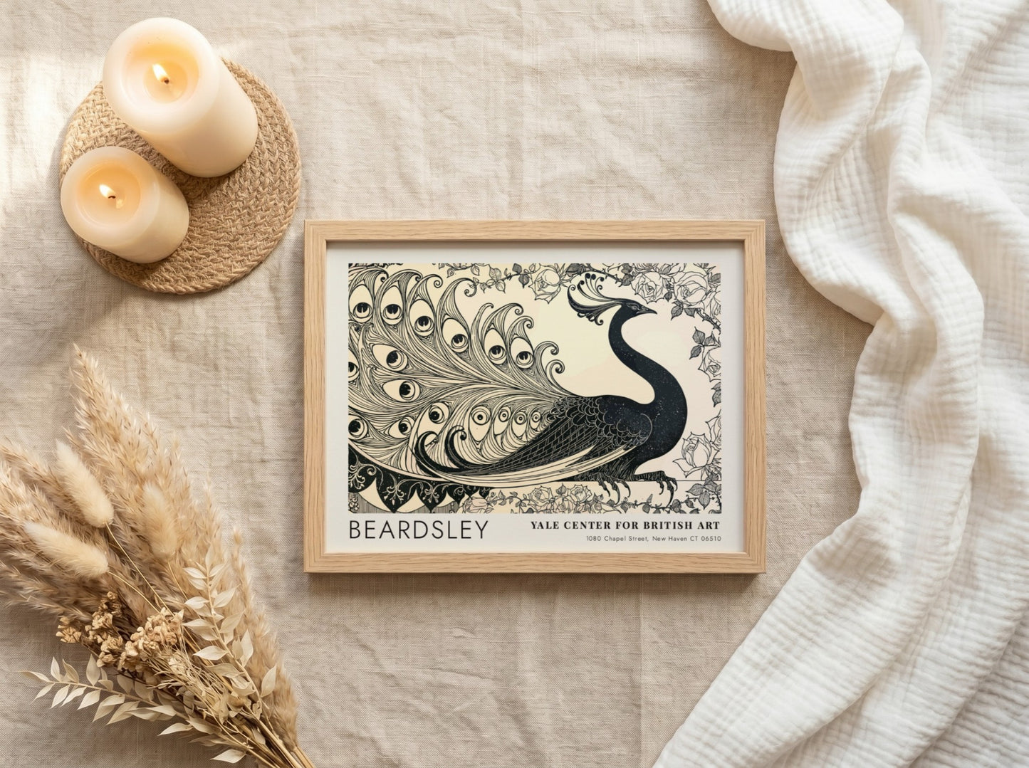 Wall art poster featuring Aubrey Beardsley's Isolde peacock design in black ink on cream.