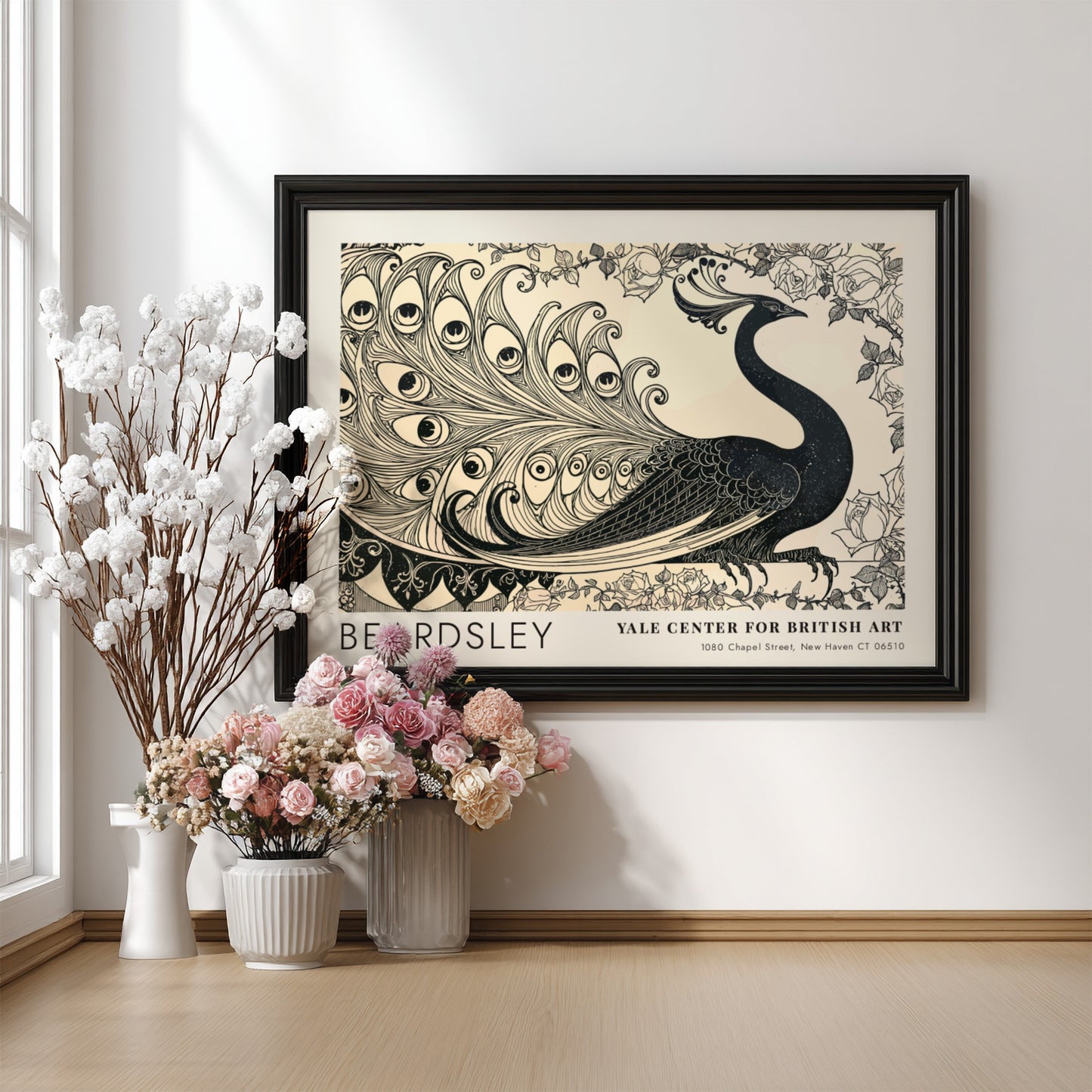 Wall art poster featuring Aubrey Beardsley's Isolde peacock design in black ink on cream.