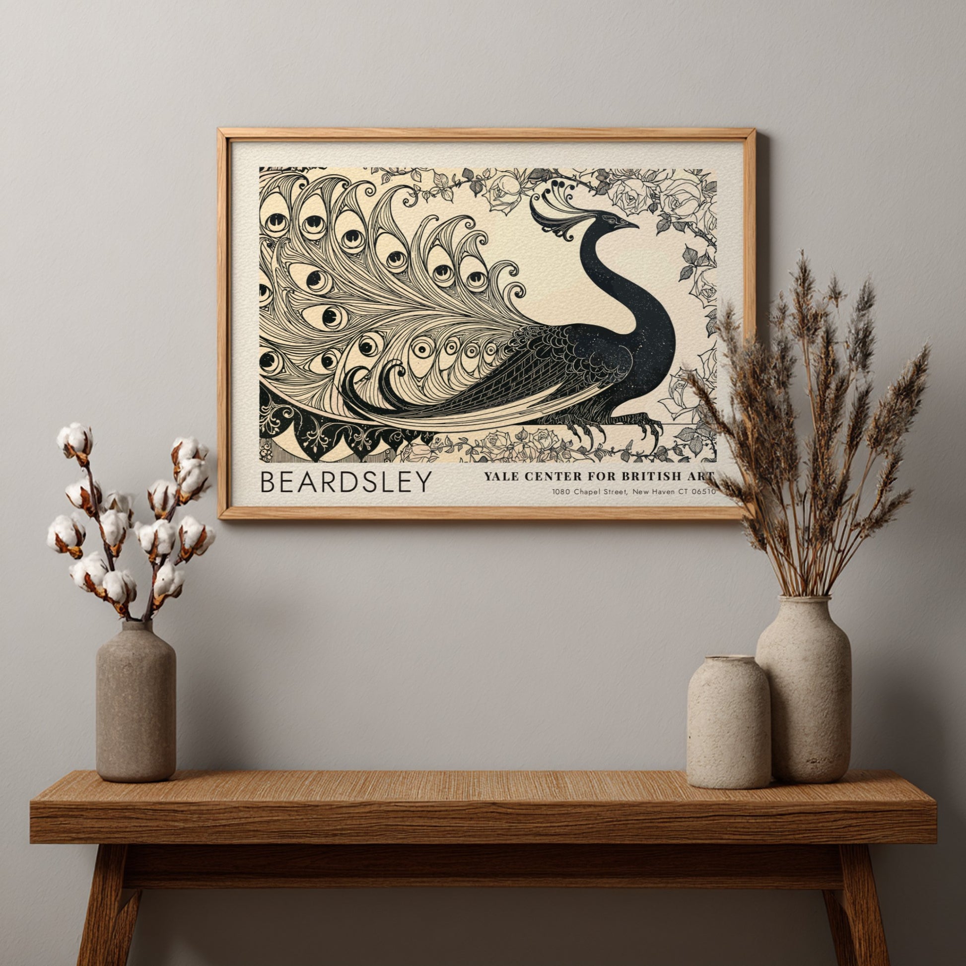 Wall art poster featuring Aubrey Beardsley's Isolde peacock design in black ink on cream.